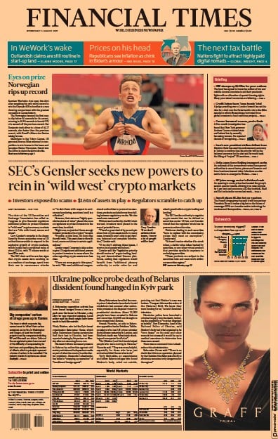 Financial Times (UK) Newspaper Front Page for 4 August 2021