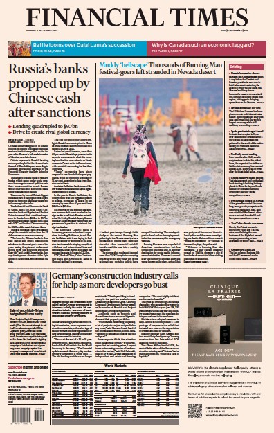 Financial Times (UK) Newspaper Front Page for 4 September 2023