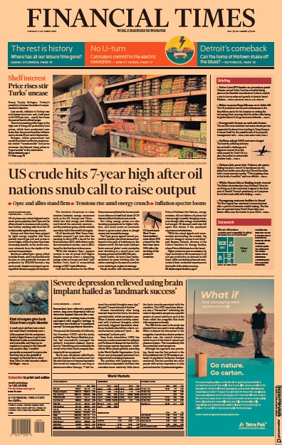 Financial Times (UK) Newspaper Front Page for 5 October 2021
