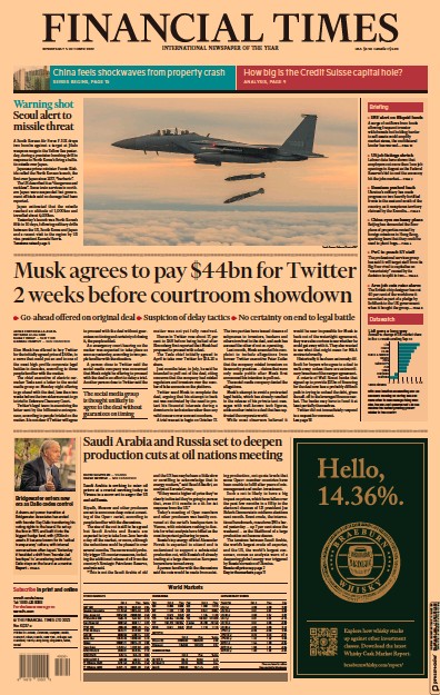 Financial Times Newspaper Front Page for 5 October 2022