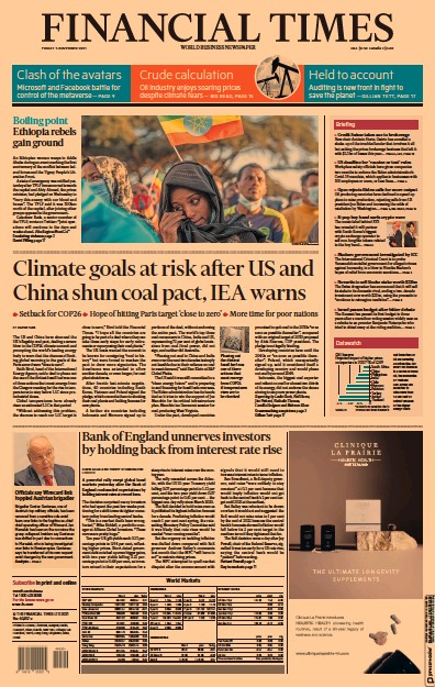 Financial Times (UK) Newspaper Front Page for 5 November 2021