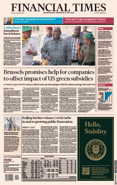 Financial Times (UK) Newspaper Front Page for 5 December 2022