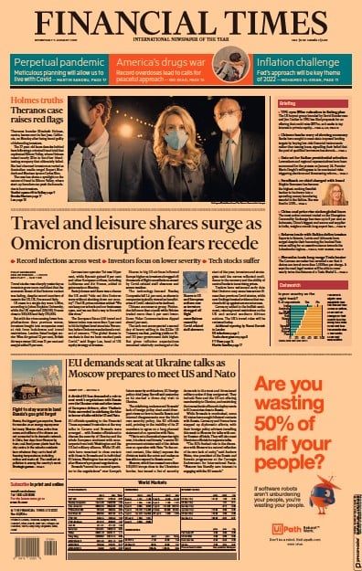 Financial Times (UK) Newspaper Front Page for 5 January 2022