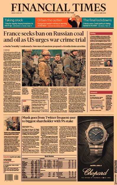 Financial Times Newspaper Front Page for 5 April 2022