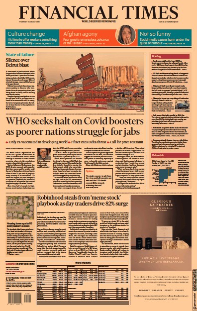 Financial Times (UK) Newspaper Front Page for 5 August 2021