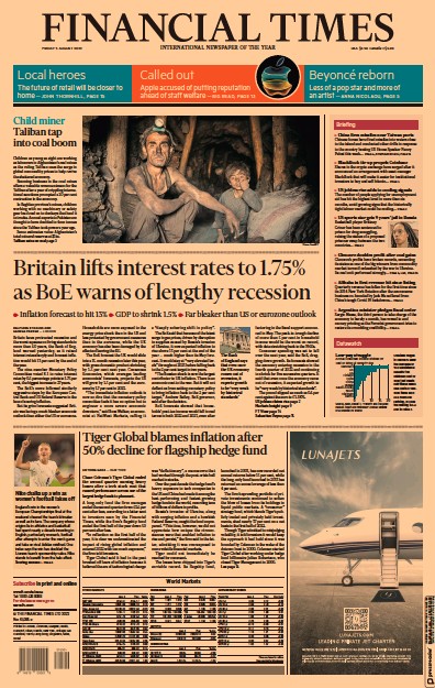 Financial Times (UK) Newspaper Front Page for 5 August 2022