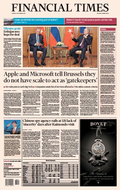 Financial Times (UK) Newspaper Front Page for 5 September 2023