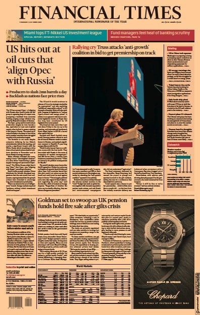 Financial Times Newspaper Front Page for 6 October 2022