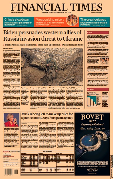 Financial Times (UK) Newspaper Front Page for 6 December 2021
