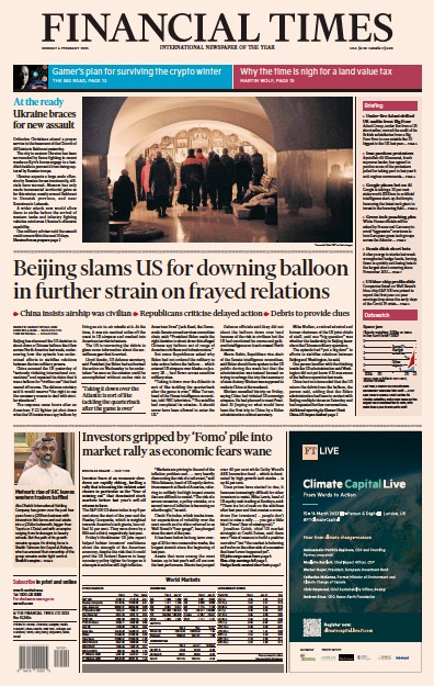 Financial Times (UK) Newspaper Front Page for 6 February 2023
