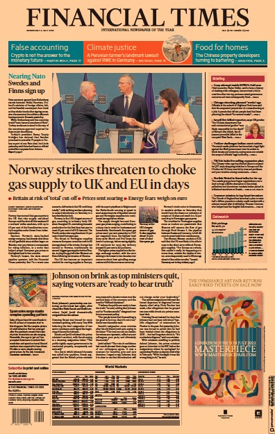 Financial Times Newspaper Front Page for 6 July 2022