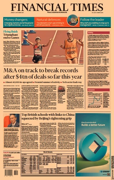 Financial Times (UK) Newspaper Front Page for 6 September 2021