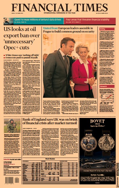 Financial Times Newspaper Front Page for 7 October 2022