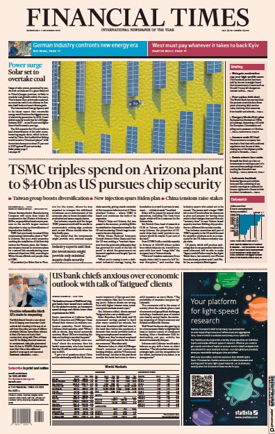 Financial Times Newspaper Front Page for 7 December 2022