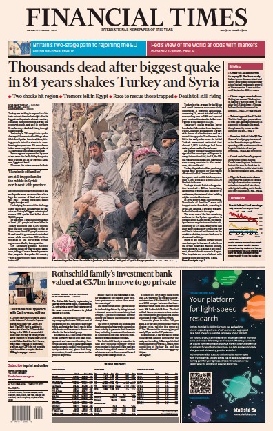 Financial Times (UK) Newspaper Front Page for 7 February 2023
