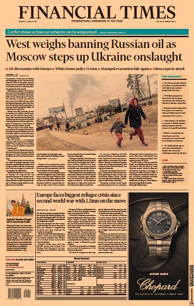 Financial Times (UK) Newspaper Front Page for 7 March 2022
