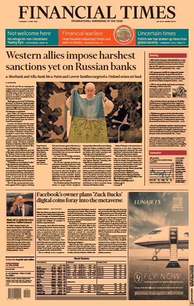 Financial Times Newspaper Front Page for 7 April 2022