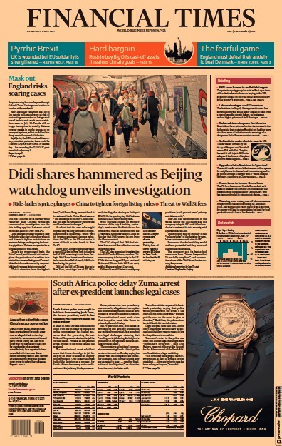 Financial Times (UK) Newspaper Front Page for 7 July 2021