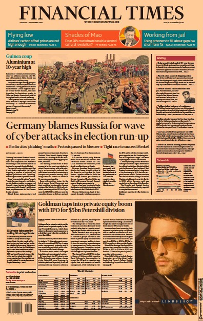 Financial Times (UK) Newspaper Front Page for 7 September 2021