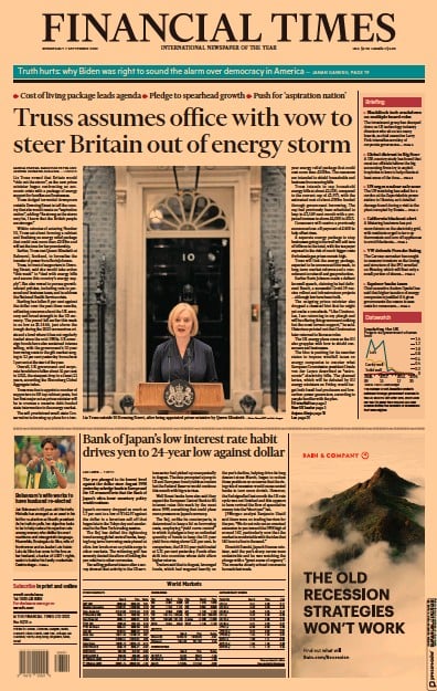 Financial Times (UK) Newspaper Front Page for 7 September 2022