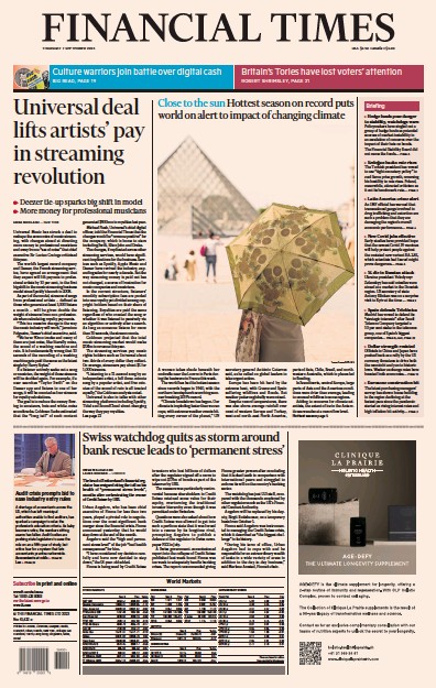 Financial Times (UK) Newspaper Front Page for 7 September 2023