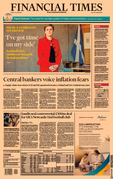 Financial Times (UK) Newspaper Front Page for 8 October 2021