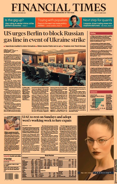 Financial Times (UK) Newspaper Front Page for 8 December 2021