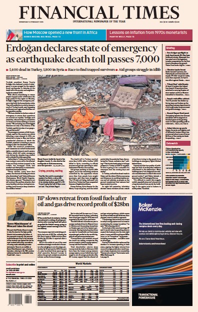 Financial Times (UK) Newspaper Front Page for 8 February 2023