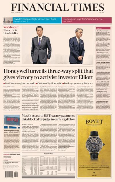 Financial Times (UK) Newspaper Front Page for 8 February 2025