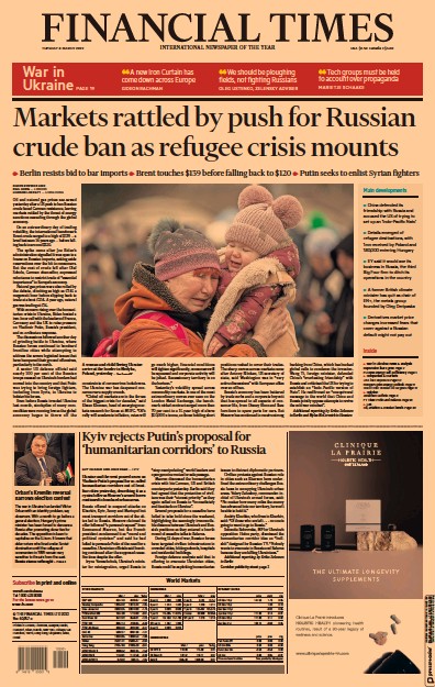 Financial Times Newspaper Front Page for 8 March 2022