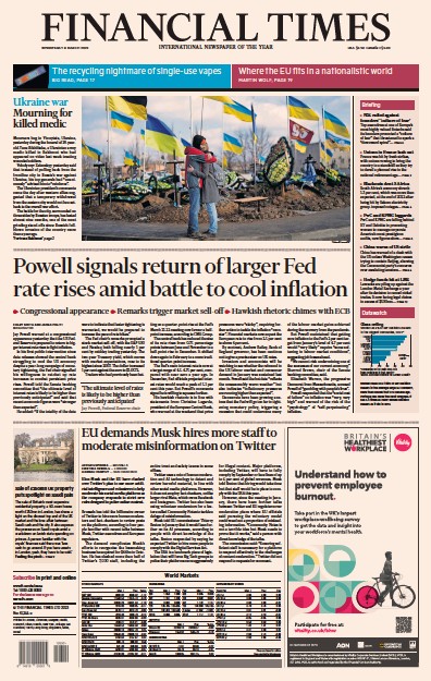 Financial Times (UK) Newspaper Front Page for 8 March 2023