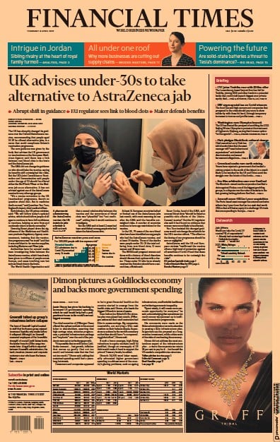 Financial Times (UK) Newspaper Front Page for 8 April 2021