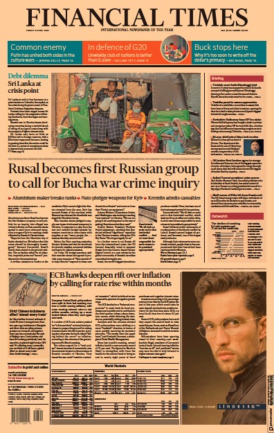 Financial Times Newspaper Front Page for 8 April 2022
