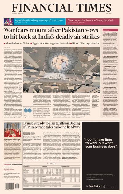 Financial Times (UK) Newspaper Front Page for 8 May 2025