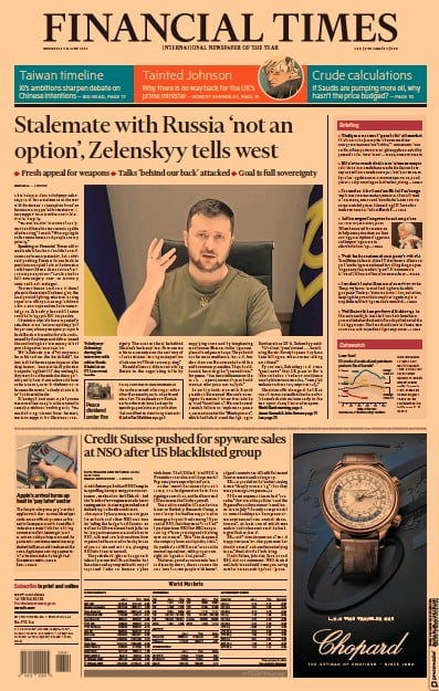 Financial Times (UK) Newspaper Front Page for 8 June 2022