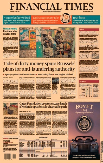 Financial Times (UK) Newspaper Front Page for 8 July 2021