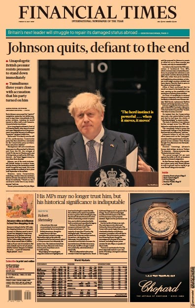Financial Times Newspaper Front Page for 8 July 2022