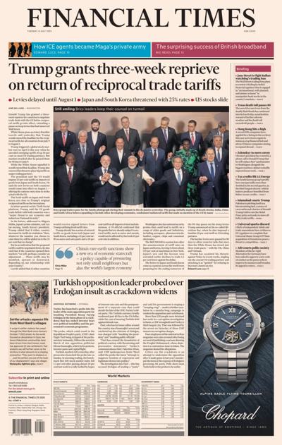 Financial Times (UK) Newspaper Front Page for 8 July 2025