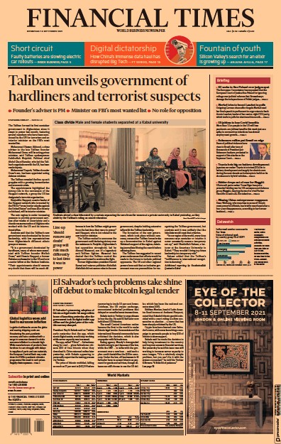 Financial Times (UK) Newspaper Front Page for 8 September 2021