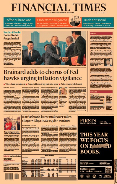 Financial Times (UK) Newspaper Front Page for 8 September 2022