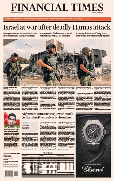 Financial Times (UK) Newspaper Front Page for 9 October 2023