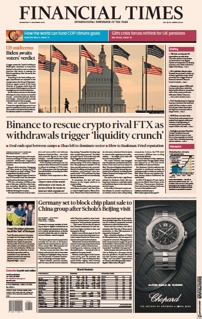 Financial Times (UK) Newspaper Front Page for 9 November 2022