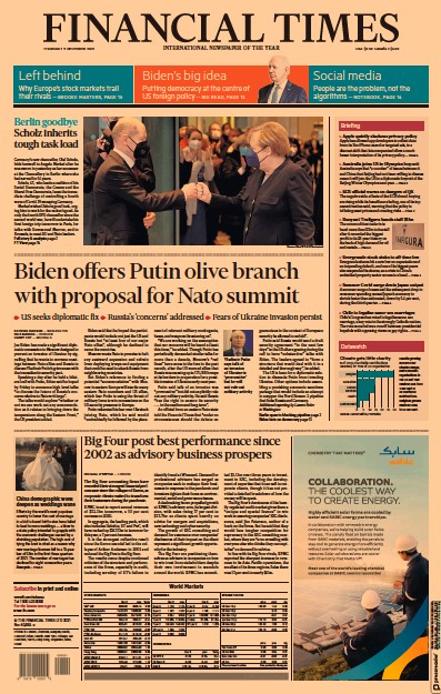 Financial Times (UK) Newspaper Front Page for 9 December 2021