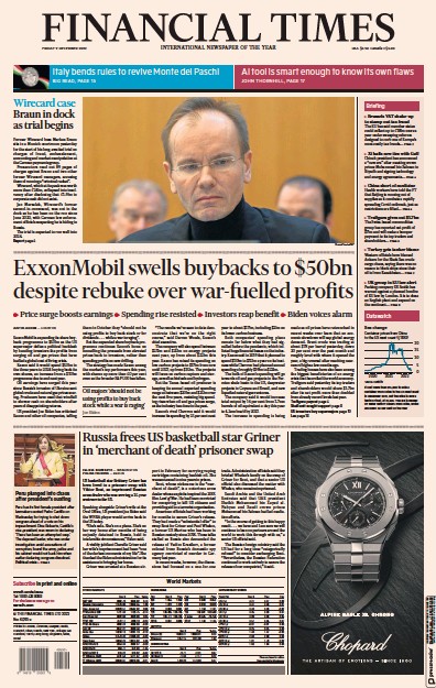 Financial Times Newspaper Front Page for 9 December 2022