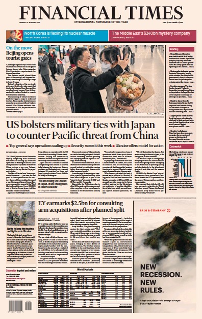 Financial Times (UK) Newspaper Front Page for 9 January 2023