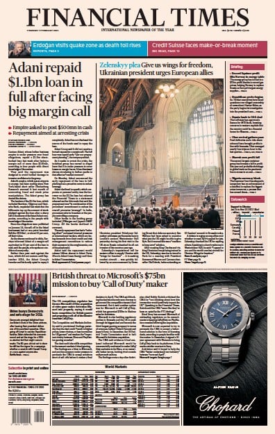 Financial Times (UK) Newspaper Front Page for 9 February 2023