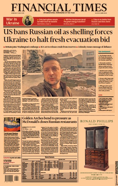 Financial Times Newspaper Front Page for 9 March 2022