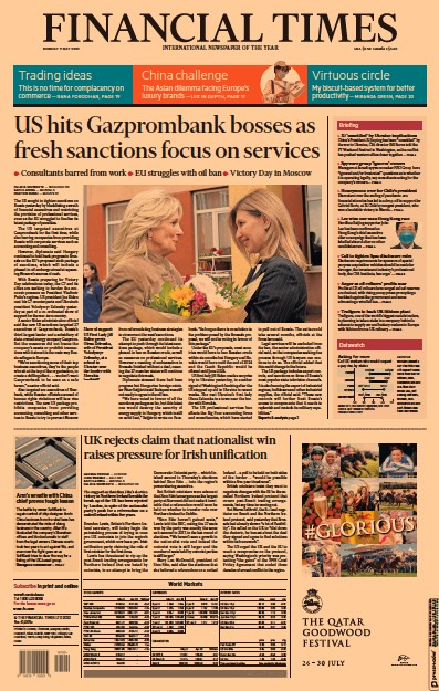 Financial Times (UK) Newspaper Front Page for 9 May 2022
