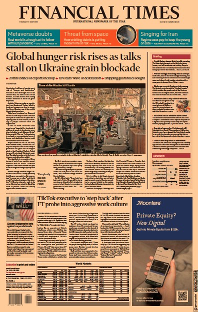 Financial Times (UK) Newspaper Front Page for 9 June 2022