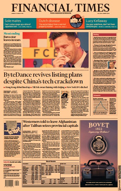Financial Times (UK) Newspaper Front Page for 9 August 2021